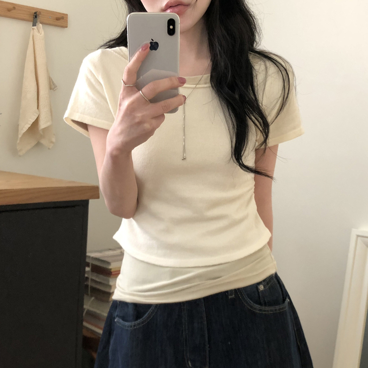 レイヤードボートネックシャーリング半袖トップス(5color) CREAM-KNIT