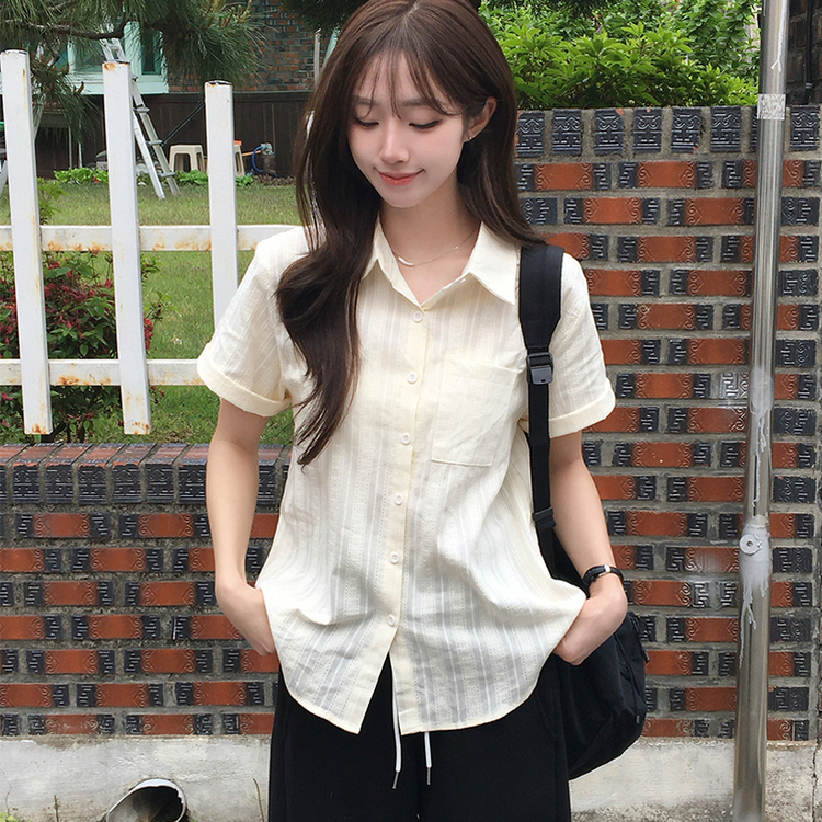 펀칭 오버핏 포켓 크로셰 여름 반팔 남방 루즈핏 롤업 셔츠 코튼 박시핏 스트라이프 아우터 데일리 상의 3color 베이지
