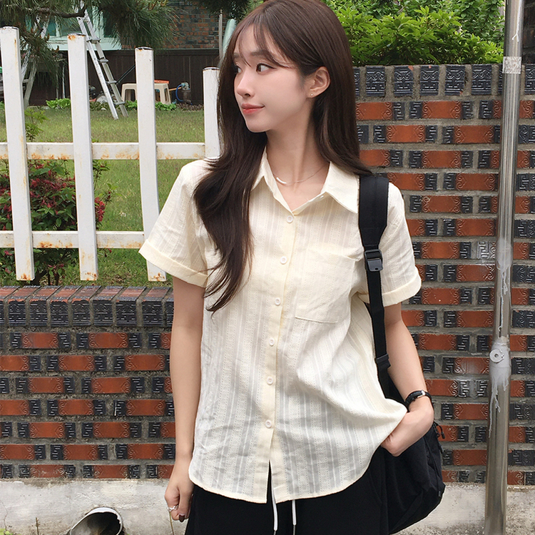 펀칭 오버핏 포켓 크로셰 여름 반팔 남방 루즈핏 롤업 셔츠 코튼 박시핏 스트라이프 아우터 데일리 상의 3color 베이지