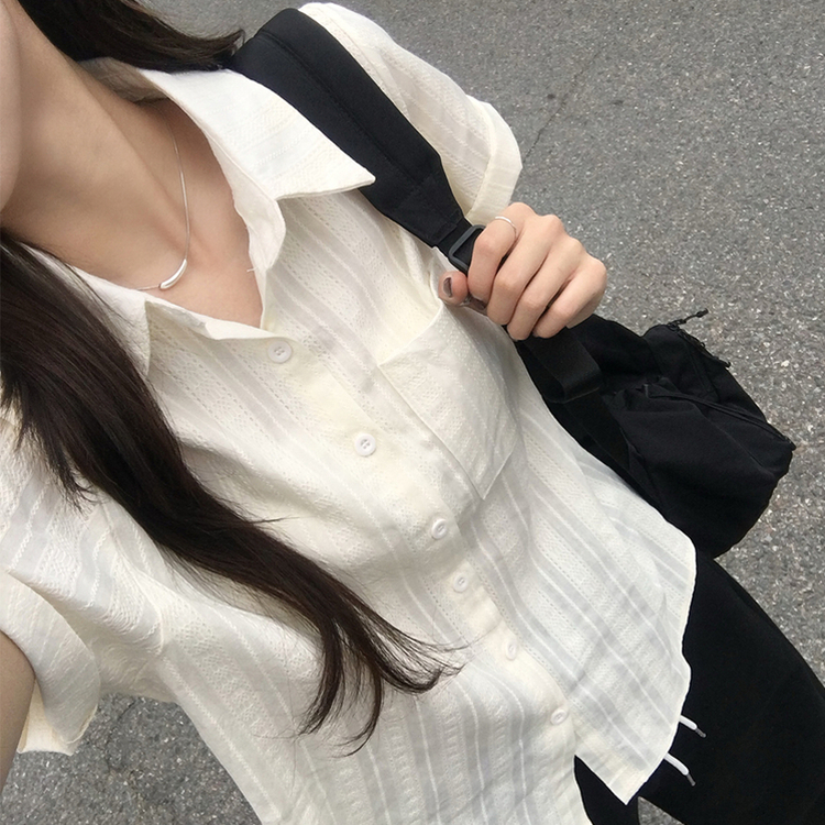 펀칭 오버핏 포켓 크로셰 여름 반팔 남방 루즈핏 롤업 셔츠 코튼 박시핏 스트라이프 아우터 데일리 상의 3color 베이지