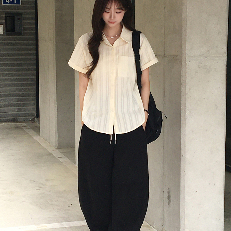 펀칭 오버핏 포켓 크로셰 여름 반팔 남방 루즈핏 롤업 셔츠 코튼 박시핏 스트라이프 아우터 데일리 상의 3color 베이지