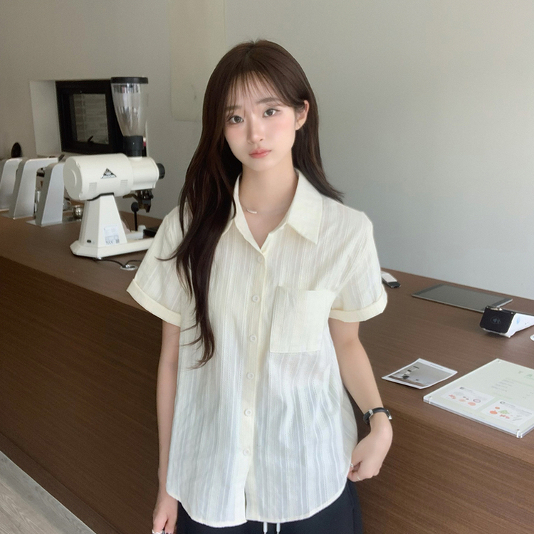 펀칭 오버핏 포켓 크로셰 여름 반팔 남방 루즈핏 롤업 셔츠 코튼 박시핏 스트라이프 아우터 데일리 상의 3color 베이지