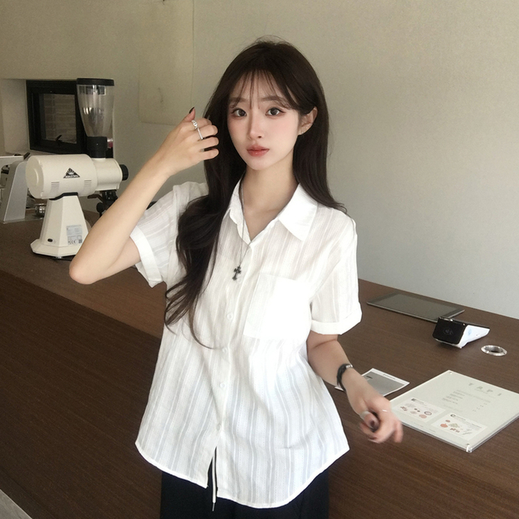 펀칭 오버핏 포켓 크로셰 여름 반팔 남방 루즈핏 롤업 셔츠 코튼 박시핏 스트라이프 아우터 데일리 상의 3color 화이트