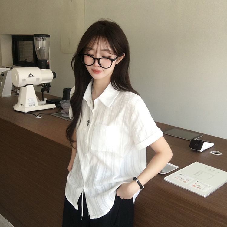 펀칭 오버핏 포켓 크로셰 여름 반팔 남방 루즈핏 롤업 셔츠 코튼 박시핏 스트라이프 아우터 데일리 상의 3color 화이트
