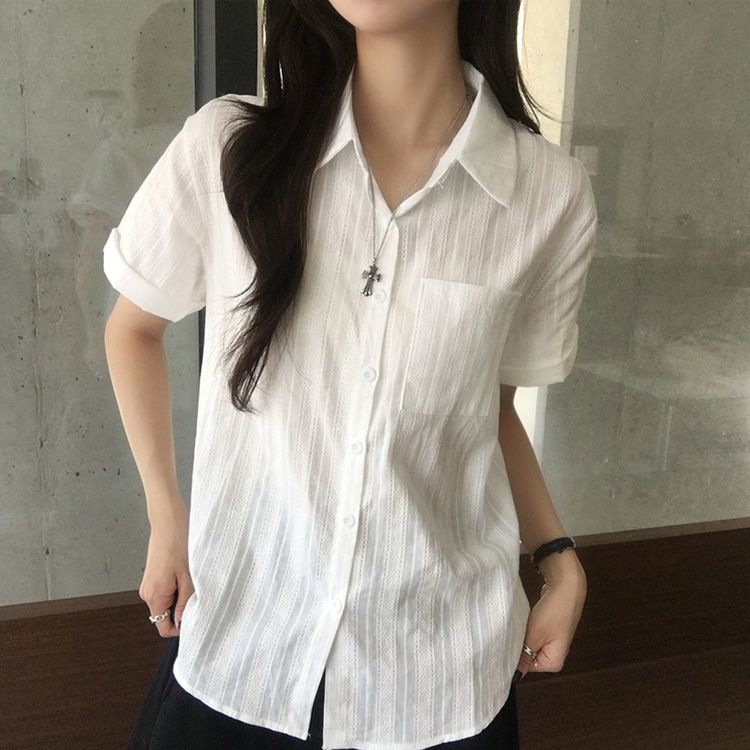 펀칭 오버핏 포켓 크로셰 여름 반팔 남방 루즈핏 롤업 셔츠 코튼 박시핏 스트라이프 아우터 데일리 상의 3color 화이트