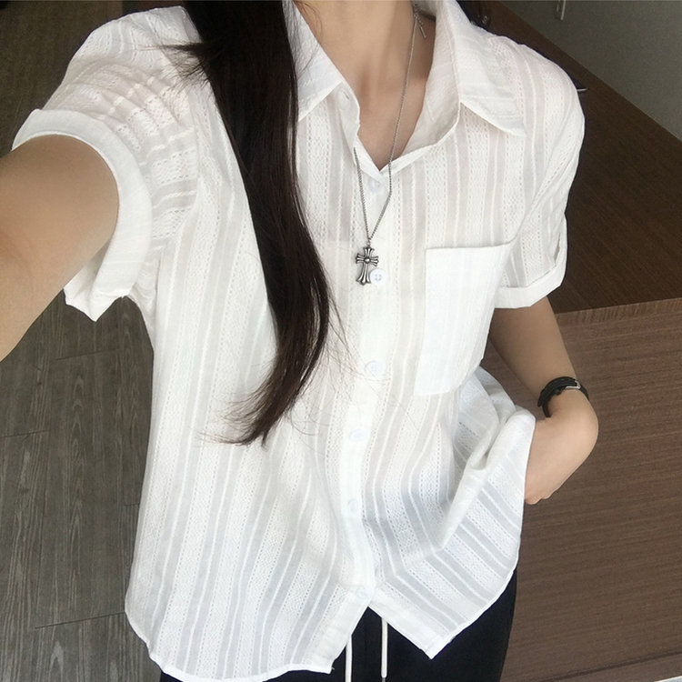 펀칭 오버핏 포켓 크로셰 여름 반팔 남방 루즈핏 롤업 셔츠 코튼 박시핏 스트라이프 아우터 데일리 상의 3color 화이트