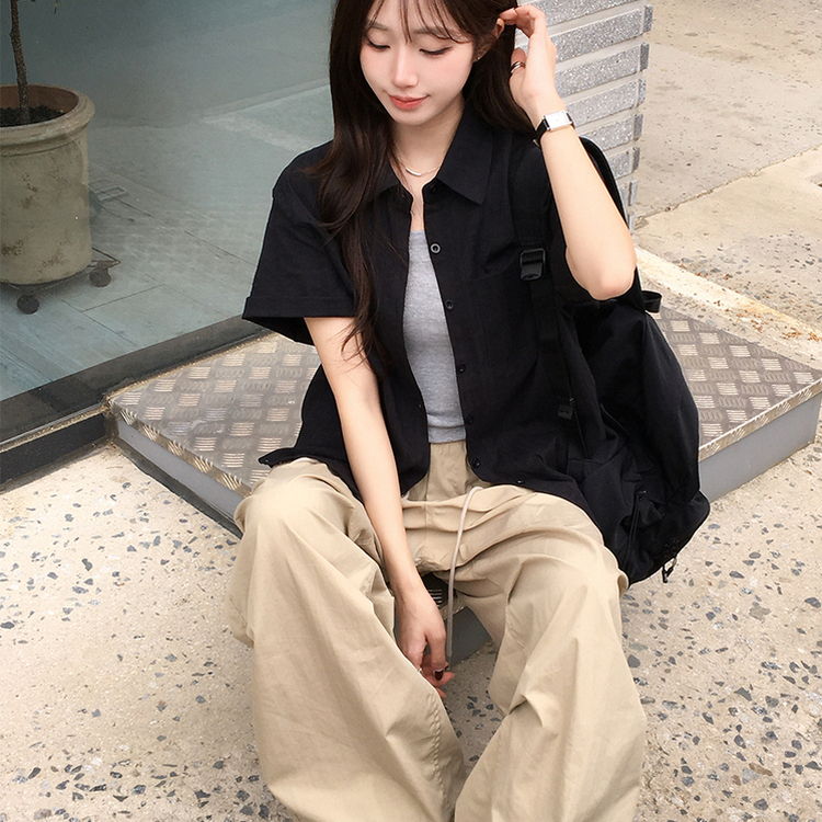 펀칭 오버핏 포켓 크로셰 여름 반팔 남방 루즈핏 롤업 셔츠 코튼 박시핏 스트라이프 아우터 데일리 상의 3color 블랙
