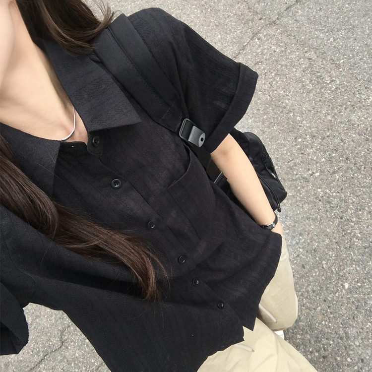 펀칭 오버핏 포켓 크로셰 여름 반팔 남방 루즈핏 롤업 셔츠 코튼 박시핏 스트라이프 아우터 데일리 상의 3color 블랙