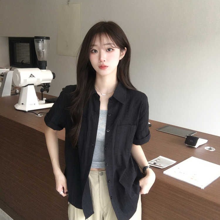 펀칭 오버핏 포켓 크로셰 여름 반팔 남방 루즈핏 롤업 셔츠 코튼 박시핏 스트라이프 아우터 데일리 상의 3color 블랙