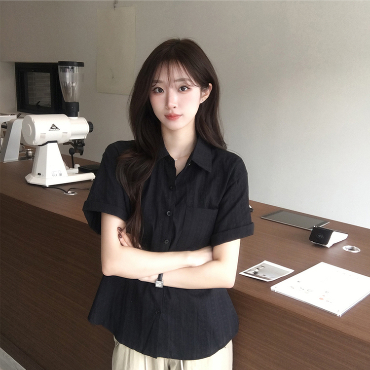 펀칭 오버핏 포켓 크로셰 여름 반팔 남방 루즈핏 롤업 셔츠 코튼 박시핏 스트라이프 아우터 데일리 상의 3color 블랙