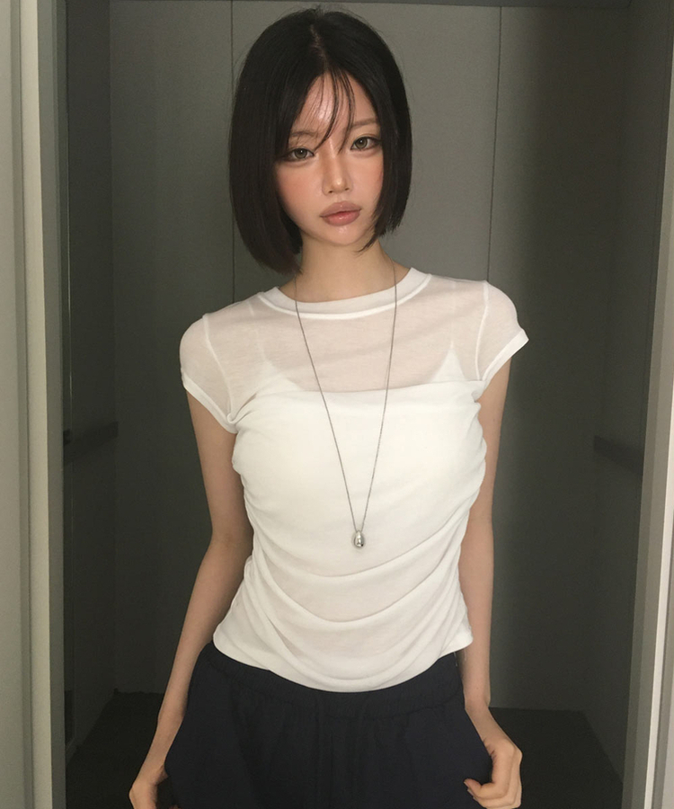 スリムシースルーシャーリング半袖Tシャツ WHITE