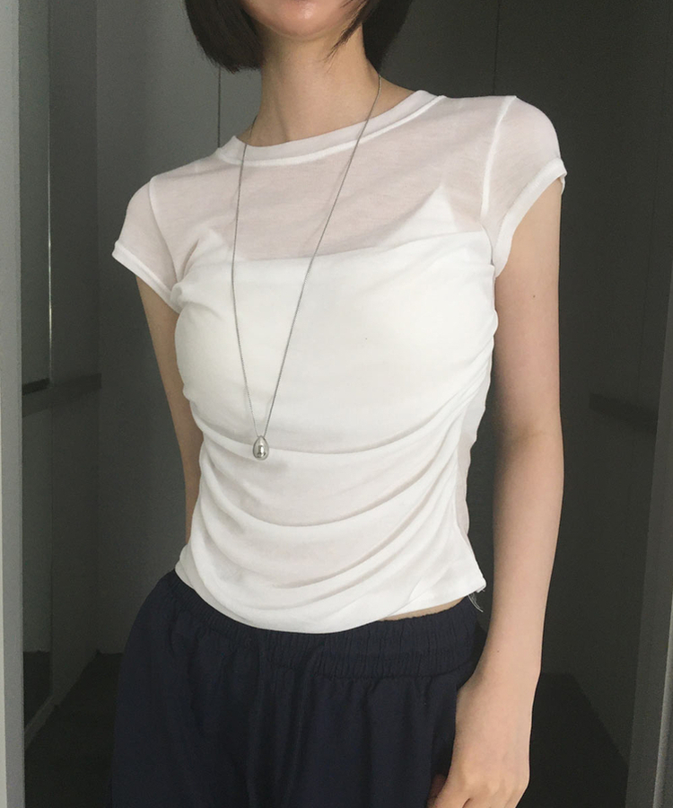 スリムシースルーシャーリング半袖Tシャツ WHITE