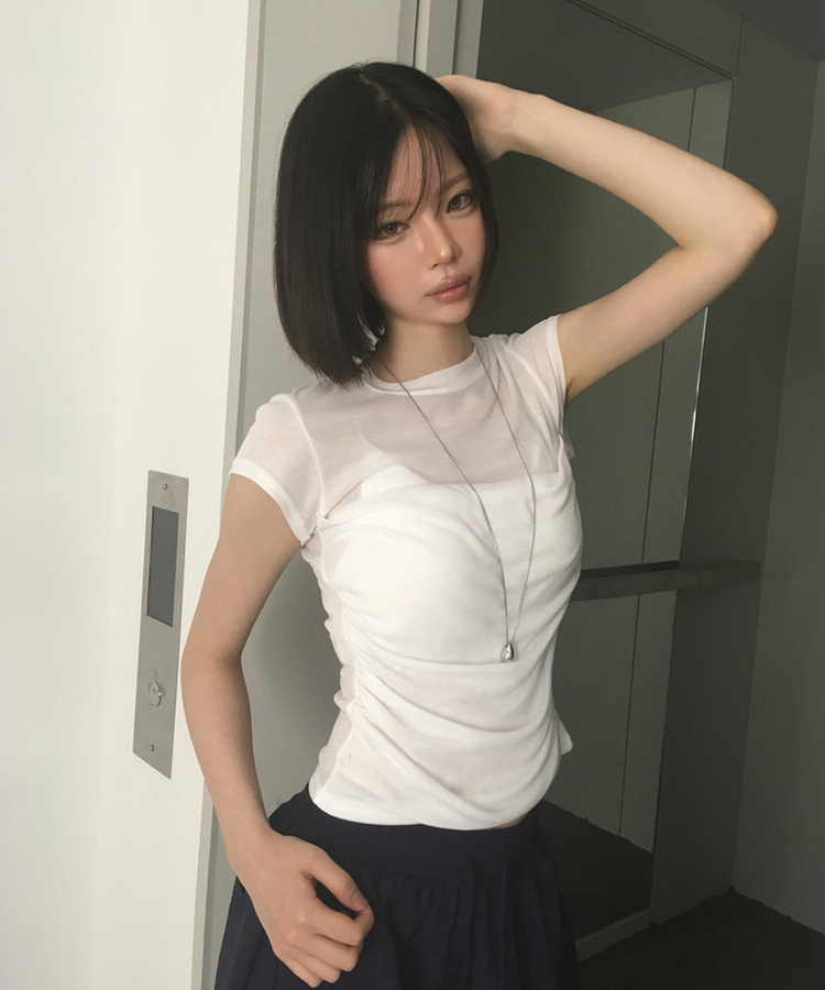 スリムシースルーシャーリング半袖Tシャツ WHITE