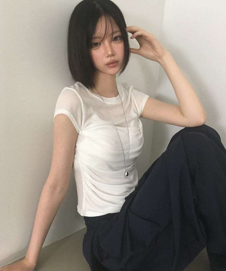 スリムシースルーシャーリング半袖Tシャツ WHITE