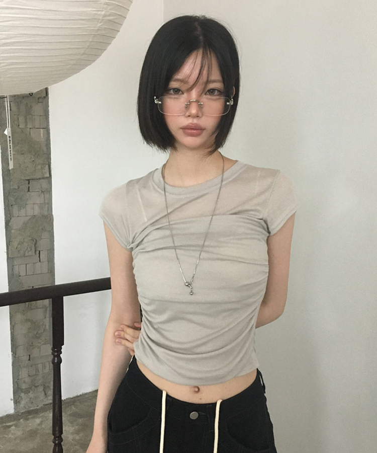 スリムシースルーシャーリング半袖Tシャツ BEIGE