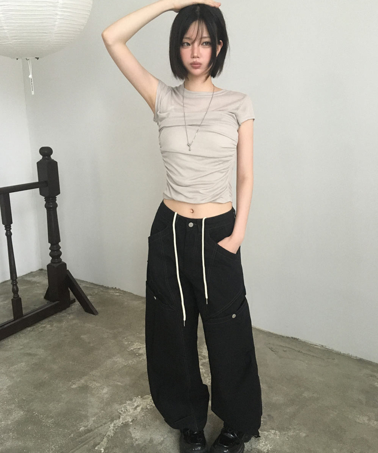 スリムシースルーシャーリング半袖Tシャツ BEIGE