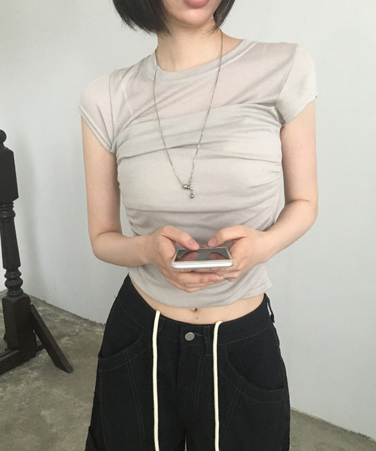 スリムシースルーシャーリング半袖Tシャツ BEIGE