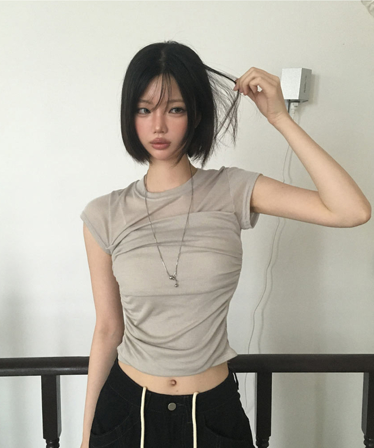 スリムシースルーシャーリング半袖Tシャツ BEIGE