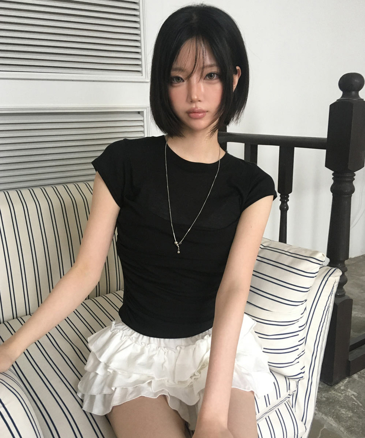 スリムシースルーシャーリング半袖Tシャツ BLACK