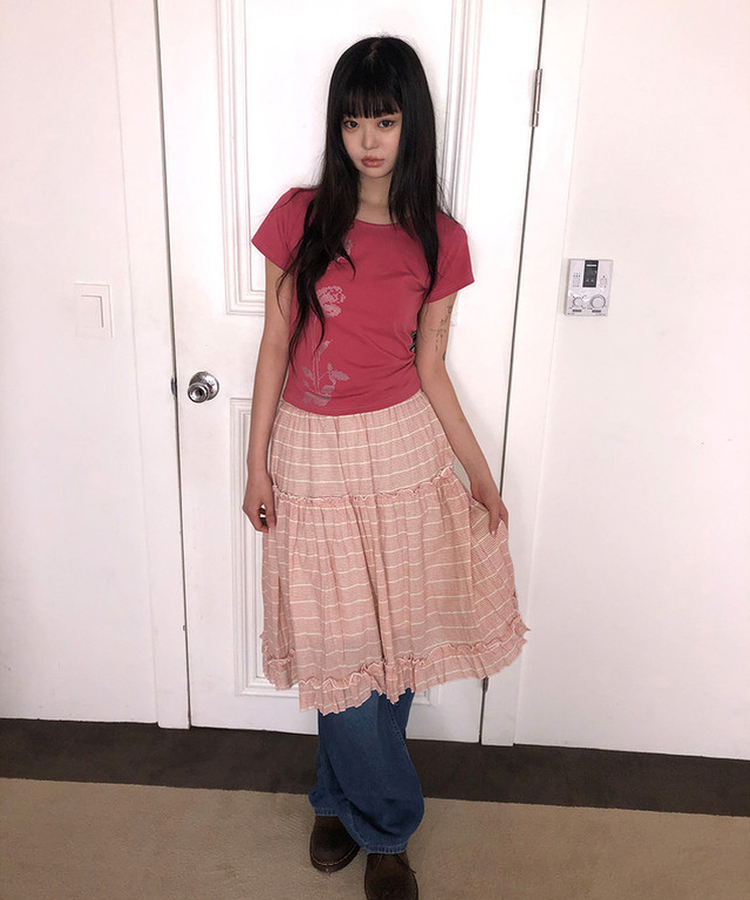 ストライプフリルミディスカート PINK