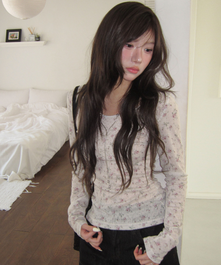 フラワーシアー長袖ラウンドTシャツ IVORY