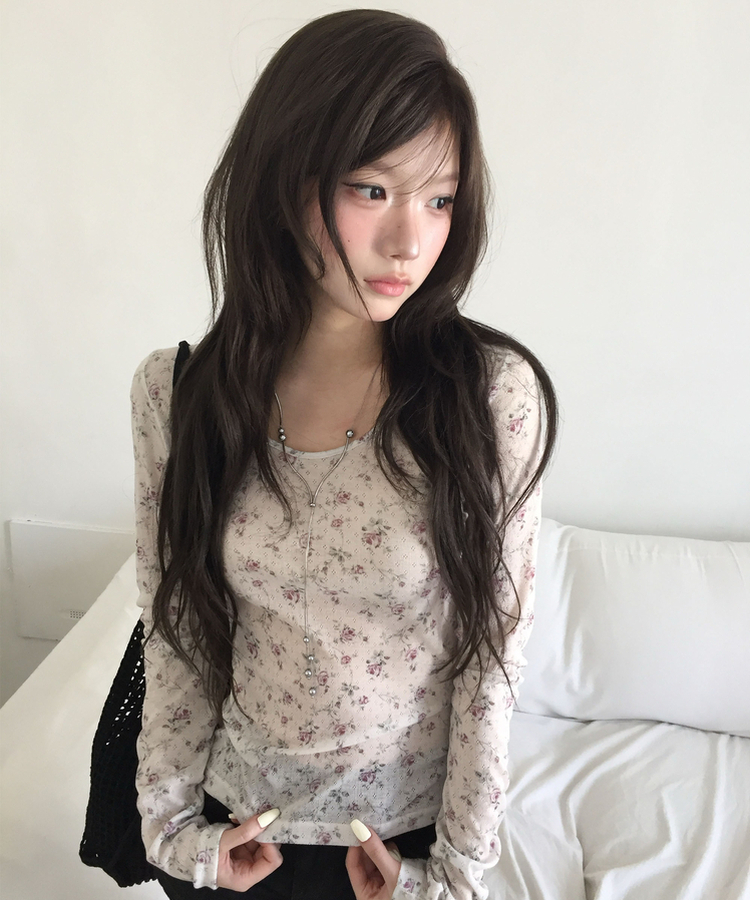 フラワーシアー長袖ラウンドTシャツ IVORY
