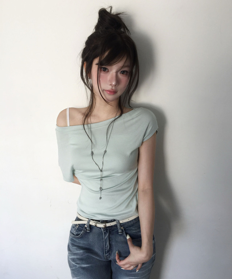 ドレープオフショルダー半袖Tシャツ MINT