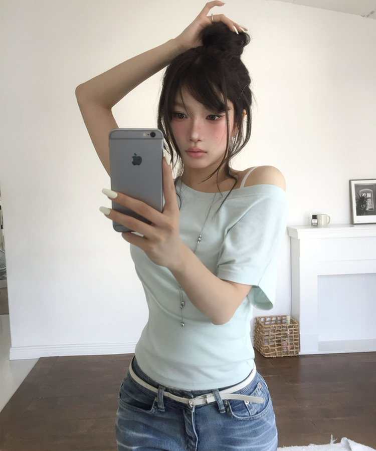 ドレープオフショルダー半袖Tシャツ MINT