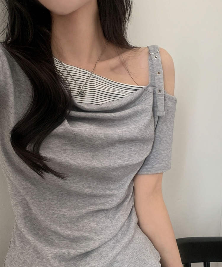 모리 언발 오프숄더 드레이프 스트라이프 옆셔링 반팔티셔츠 4color 그레이