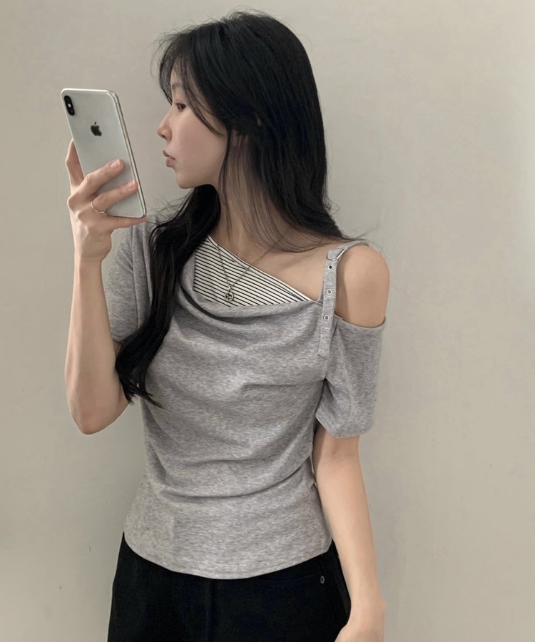 모리 언발 오프숄더 드레이프 스트라이프 옆셔링 반팔티셔츠 4color 그레이