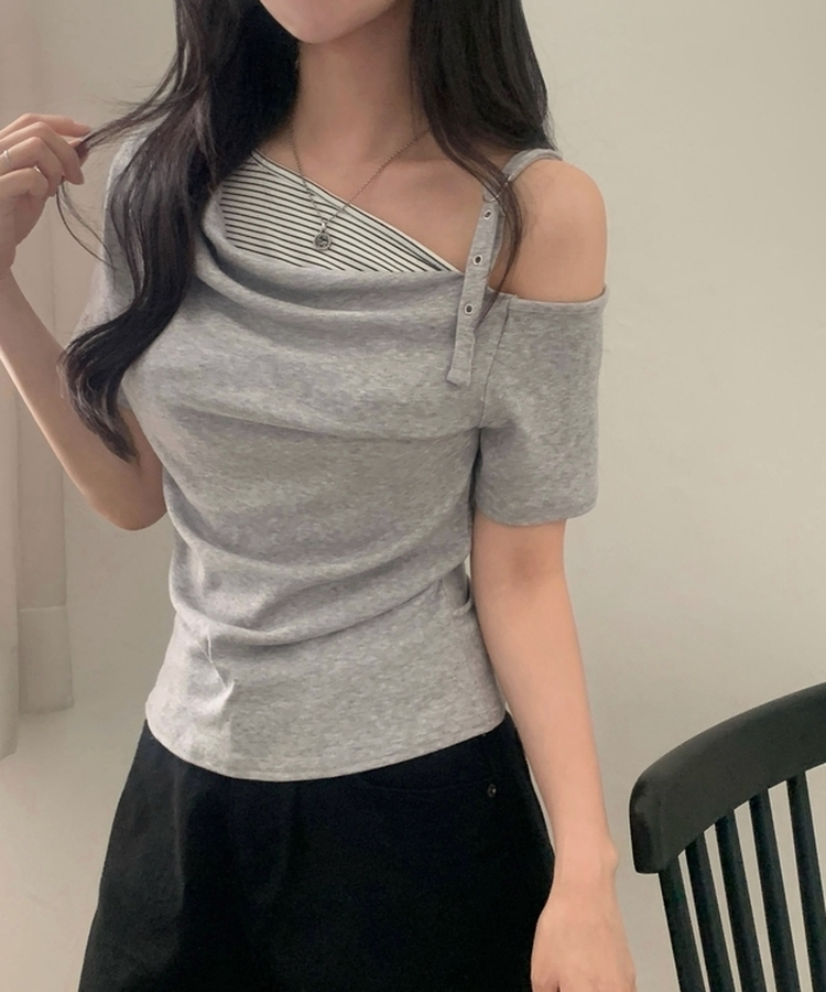 모리 언발 오프숄더 드레이프 스트라이프 옆셔링 반팔티셔츠 4color 그레이