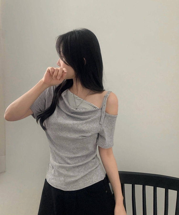 모리 언발 오프숄더 드레이프 스트라이프 옆셔링 반팔티셔츠 4color 그레이