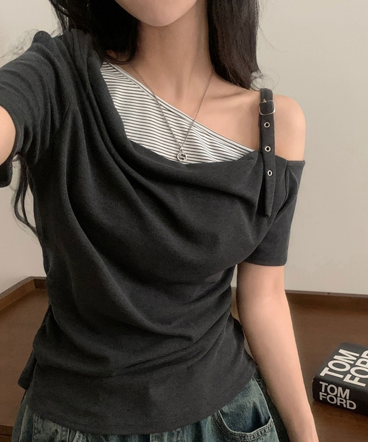 모리 언발 오프숄더 드레이프 스트라이프 옆셔링 반팔티셔츠 4color 차콜