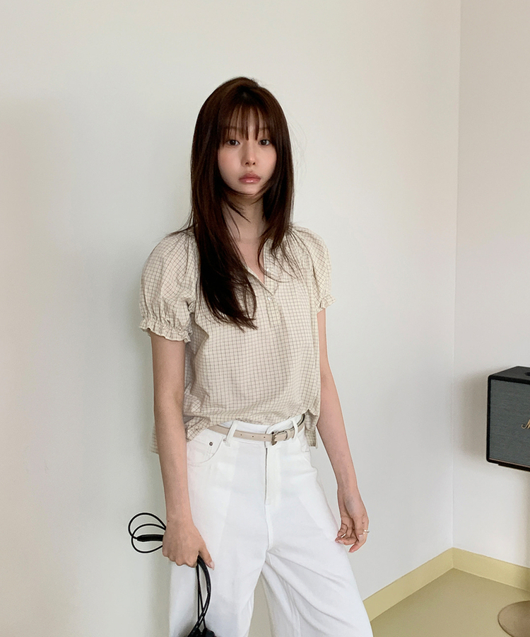 チェックパフ半袖ブラウス CREAM BEIGE(ST)