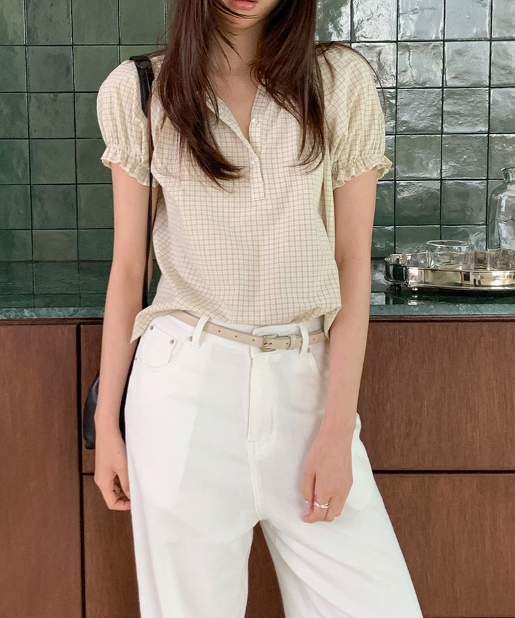 チェックパフ半袖ブラウス CREAM BEIGE(ST)