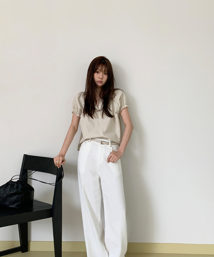 チェックパフ半袖ブラウス CREAM BEIGE(ST)