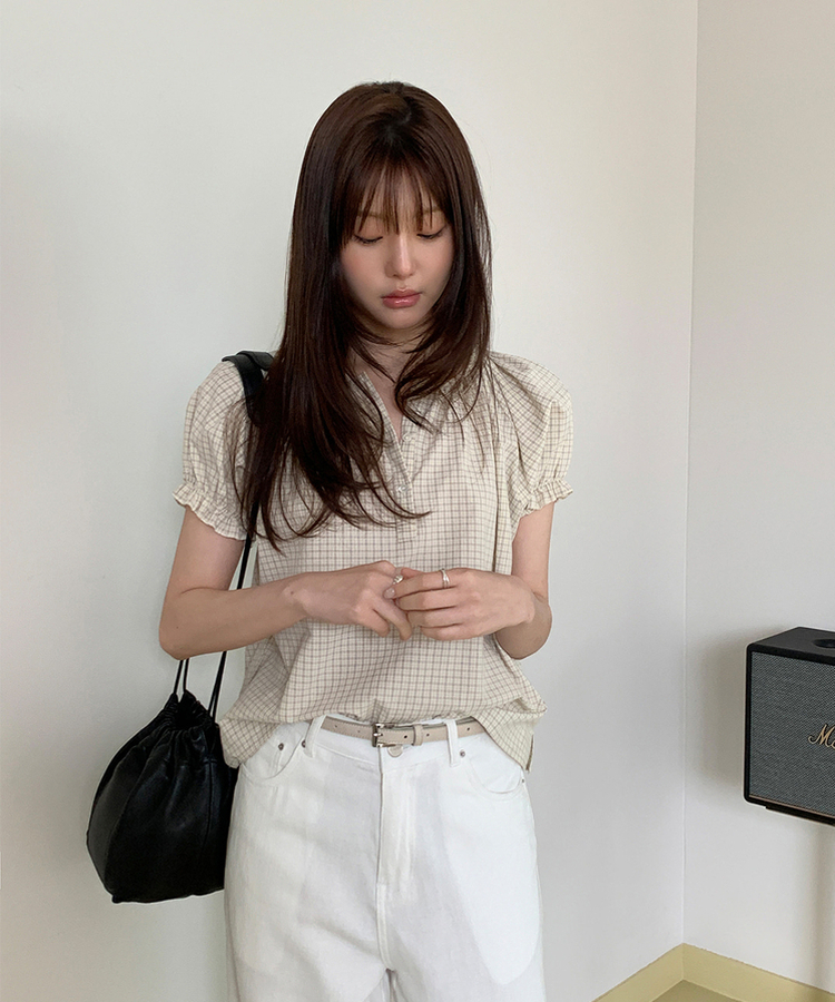 チェックパフ半袖ブラウス CREAM BEIGE(ST)
