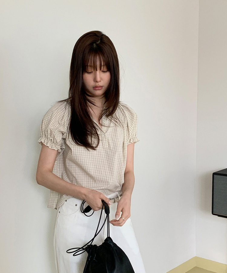 チェックパフ半袖ブラウス CREAM BEIGE(ST)