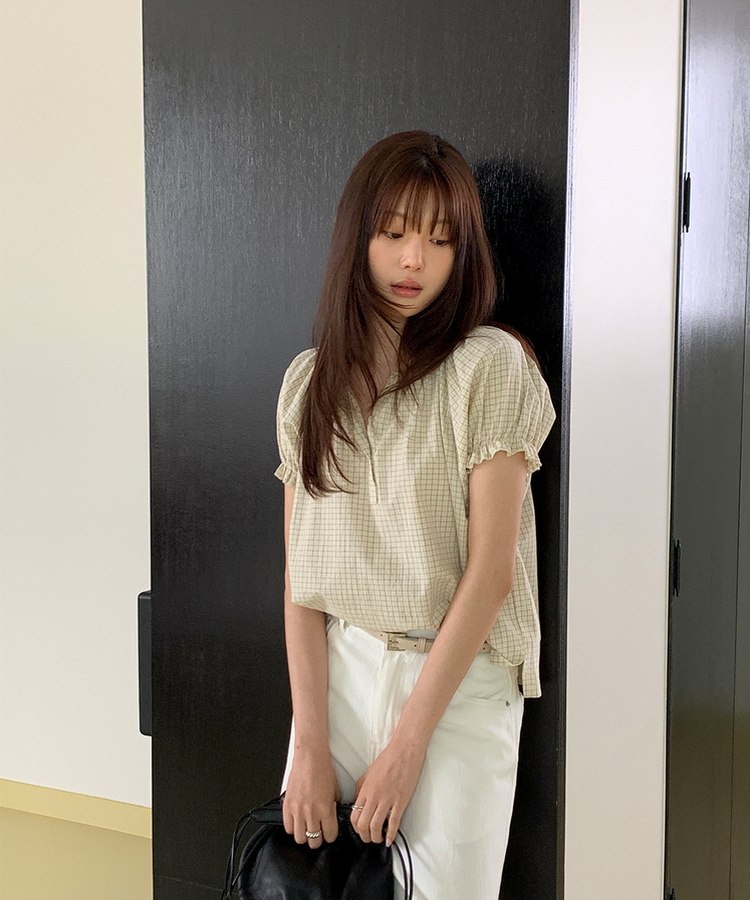 チェックパフ半袖ブラウス CREAM BEIGE(ST)