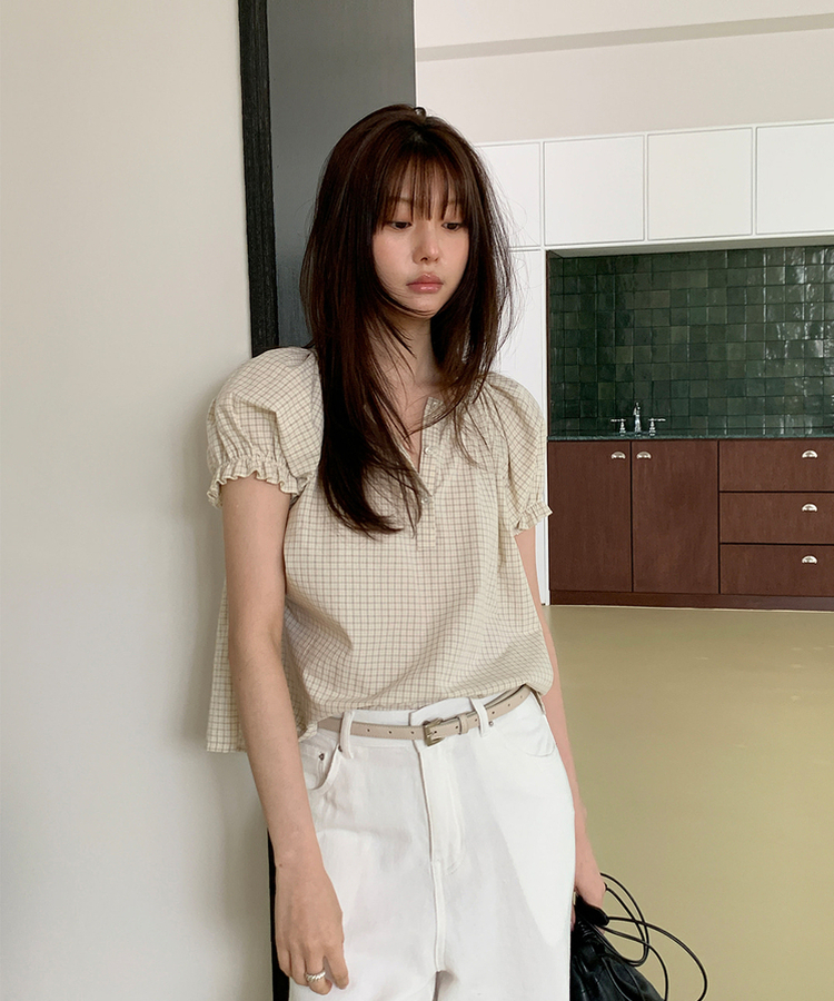 チェックパフ半袖ブラウス CREAM BEIGE(ST)