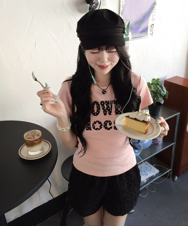 도트 레터링 크롭 반팔티 연핑크