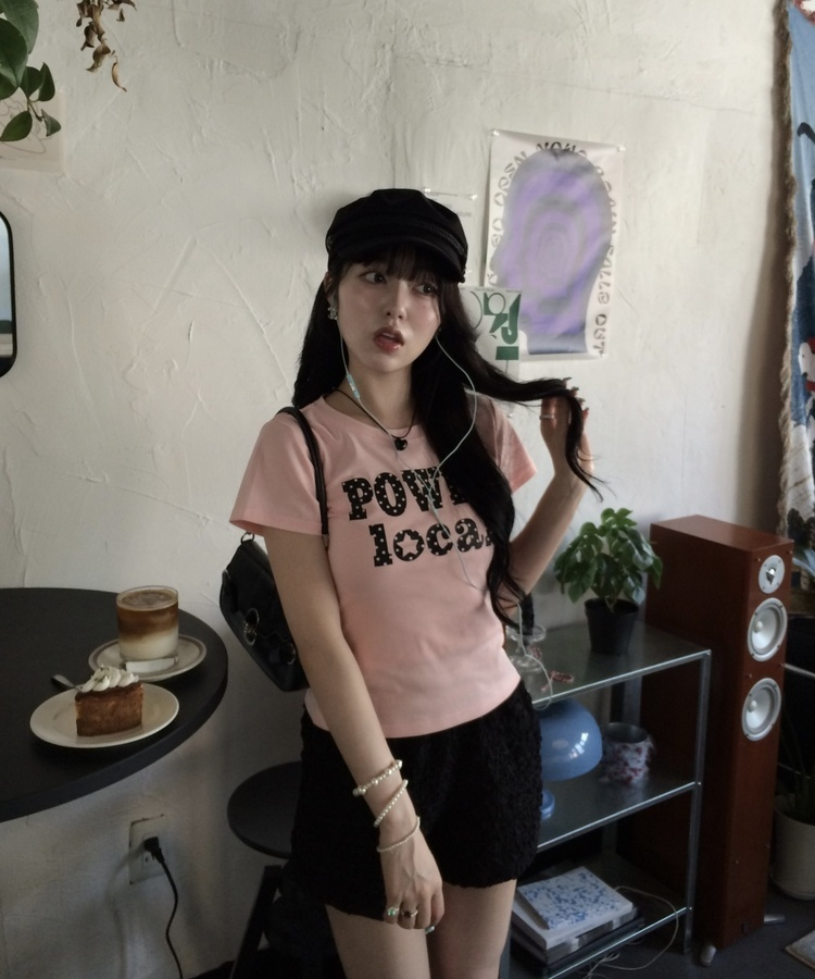 도트 레터링 크롭 반팔티 연핑크