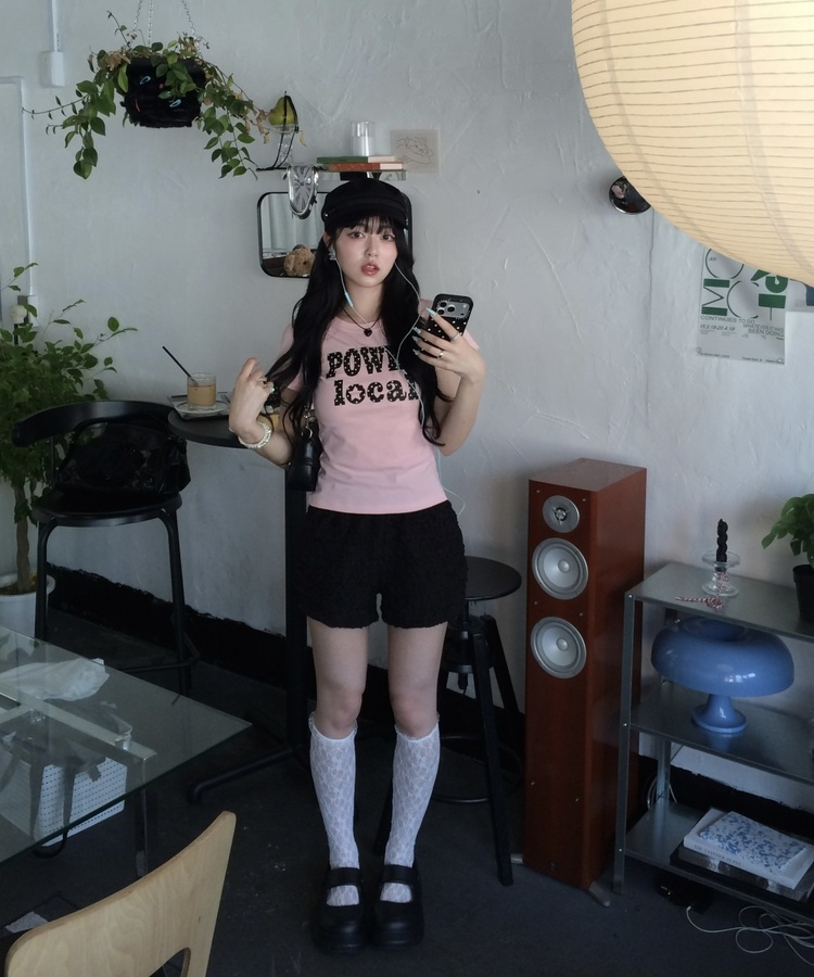 도트 레터링 크롭 반팔티 연핑크