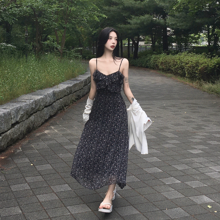 フリル花柄キャミソールミニワンピース｜ロングワンピース｜韓国 