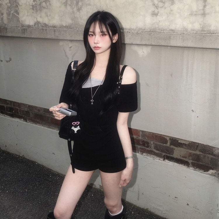 빈티지 루즈핏 드레이프 스트라이프 버클 오프숄더 원숄더 여름 반팔티셔츠 빅사이즈 블랙