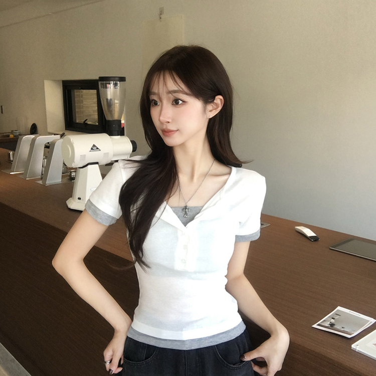크림치즈 라운드 버튼 여름 배색 레이어드 반팔 티셔츠 버튼 일체형 슬림핏 반팔티 단추 데일리 세미 크롭 상의 4color 아이보리