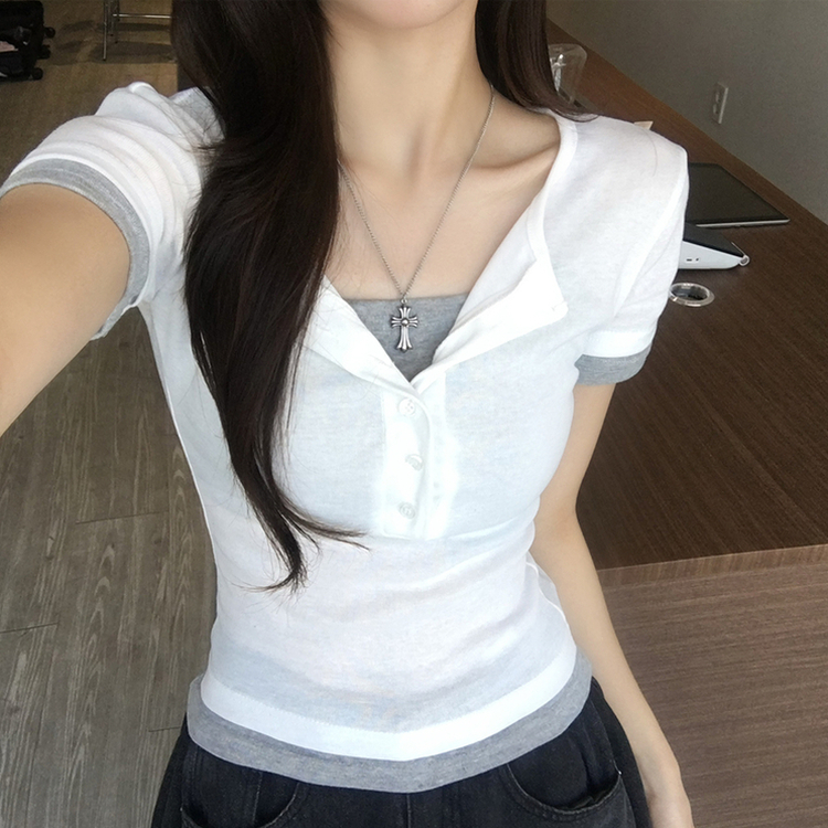 크림치즈 라운드 버튼 여름 배색 레이어드 반팔 티셔츠 버튼 일체형 슬림핏 반팔티 단추 데일리 세미 크롭 상의 4color 아이보리