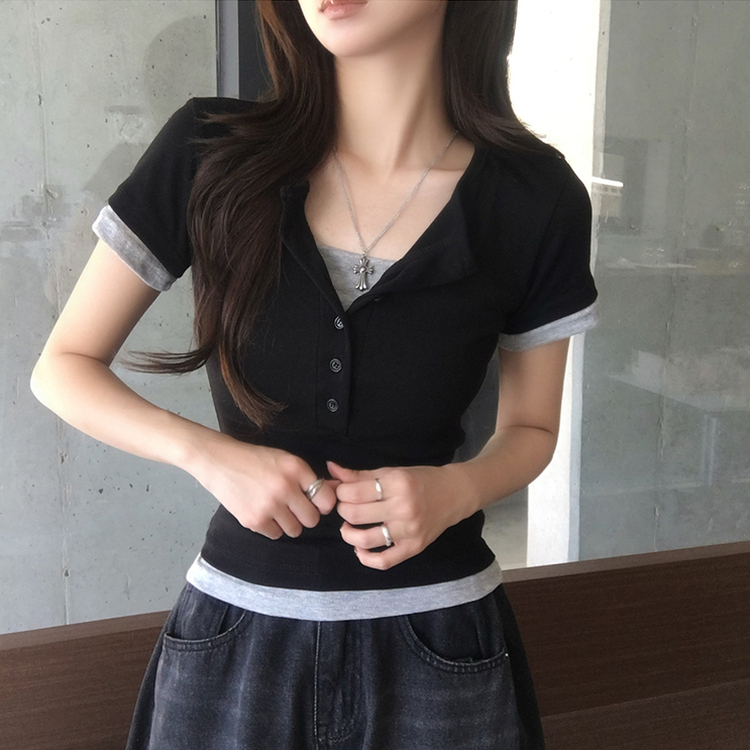 크림치즈 라운드 버튼 여름 배색 레이어드 반팔 티셔츠 버튼 일체형 슬림핏 반팔티 단추 데일리 세미 크롭 상의 4color 블랙