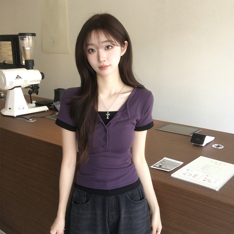 크림치즈 라운드 버튼 여름 배색 레이어드 반팔 티셔츠 버튼 일체형 슬림핏 반팔티 단추 데일리 세미 크롭 상의 4color 퍼플