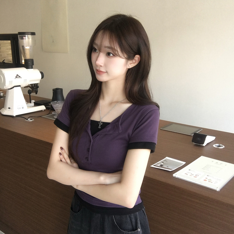 크림치즈 라운드 버튼 여름 배색 레이어드 반팔 티셔츠 버튼 일체형 슬림핏 반팔티 단추 데일리 세미 크롭 상의 4color 퍼플